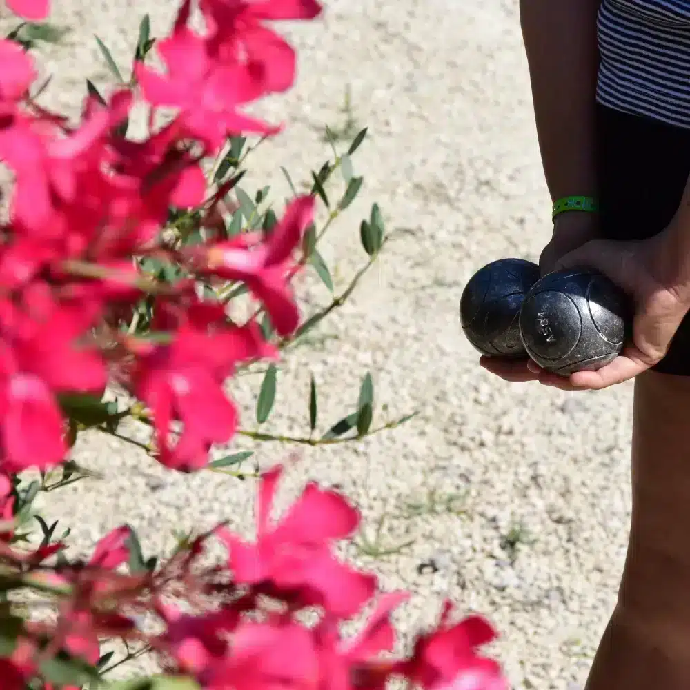 Personne jouant à la pétanque près de fleurs rouges.