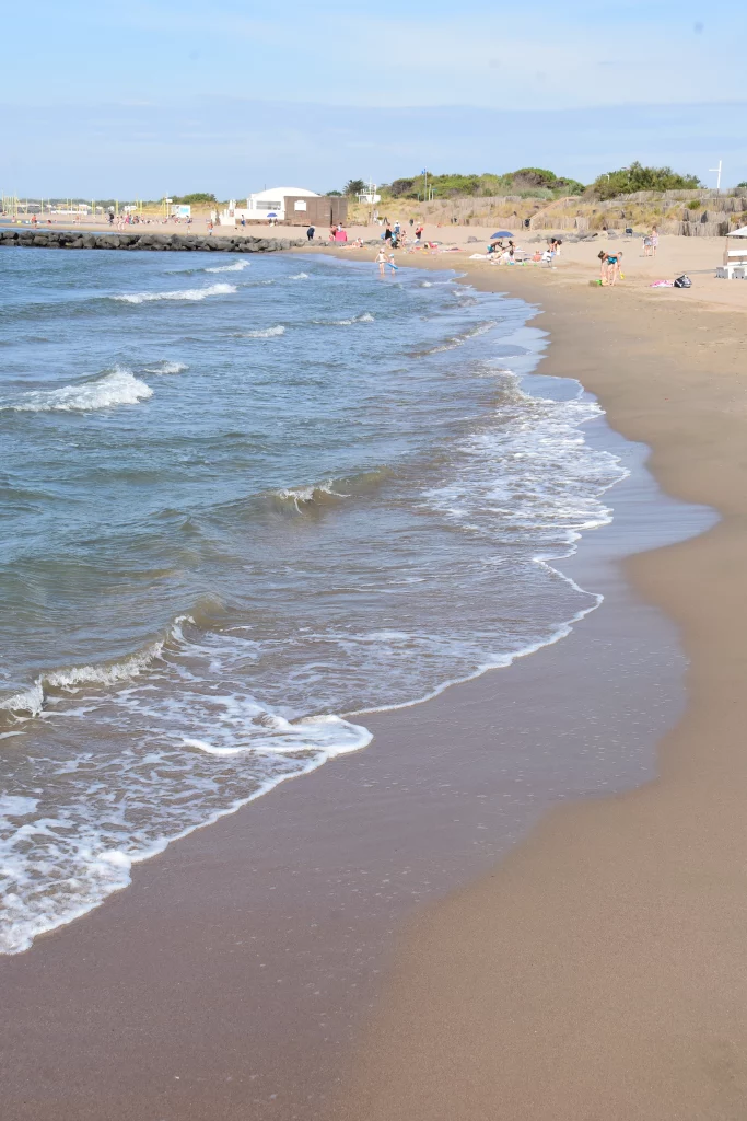 Plage avec vagues et baigneurs en arrière-plan.