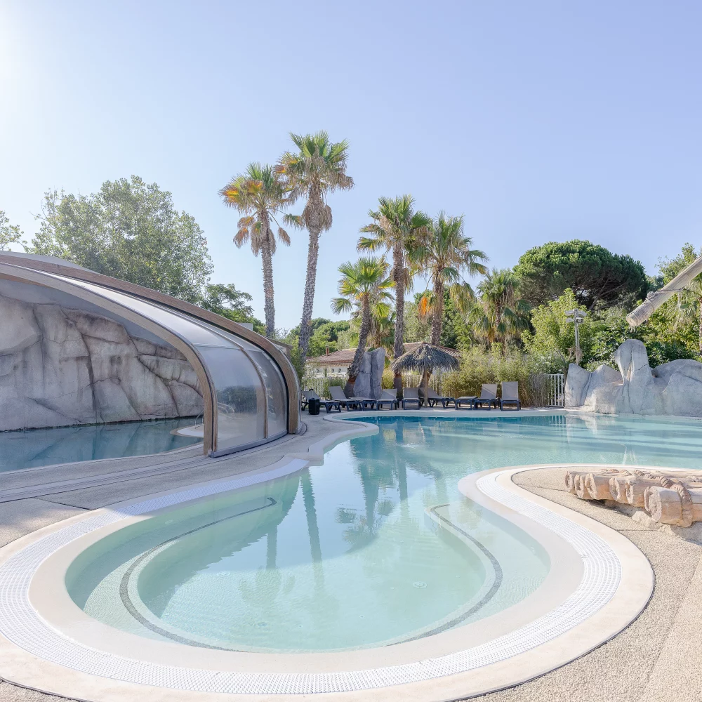 Piscine extérieure entourée de palmiers.