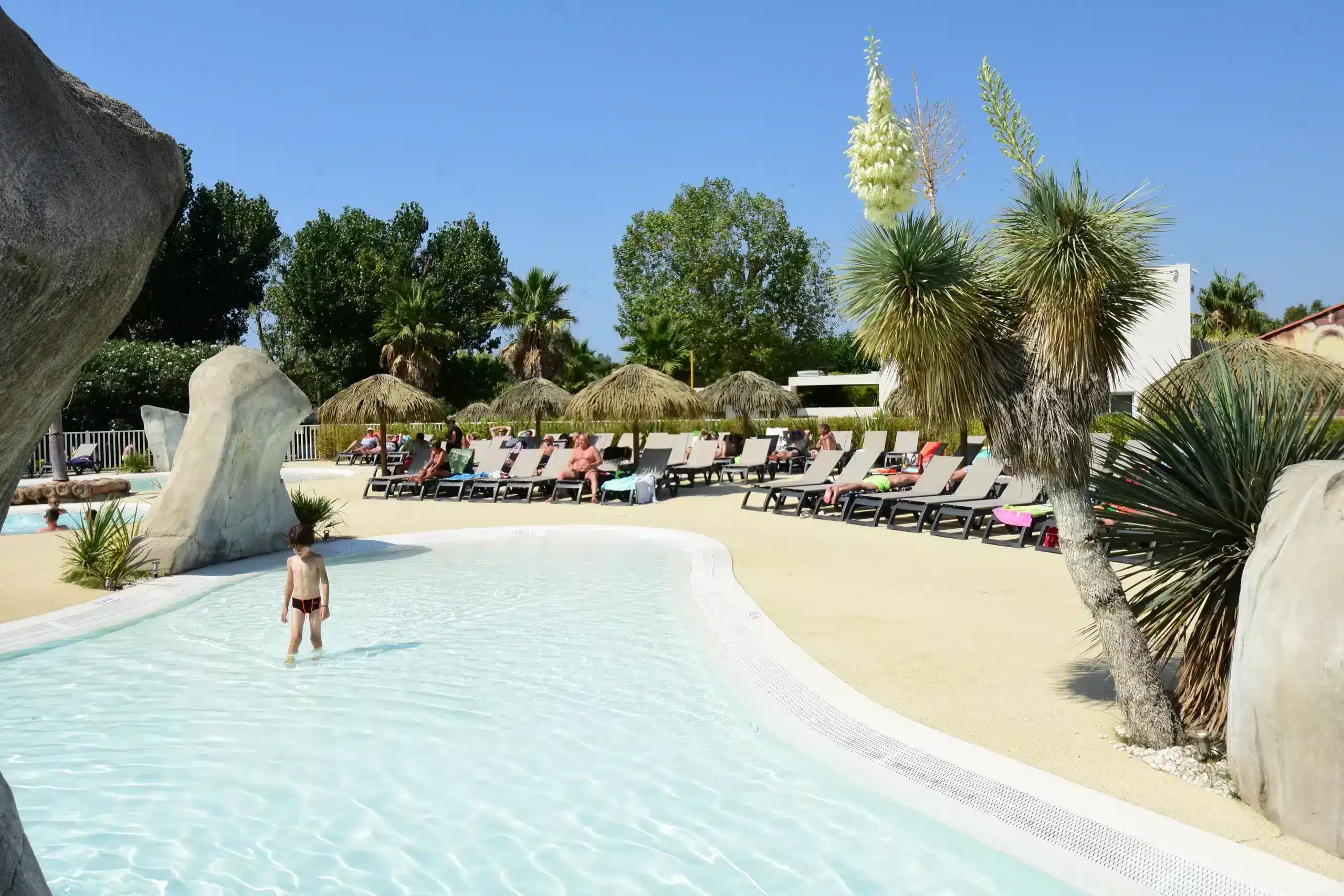 Piscine extérieure avec transats et parasols.