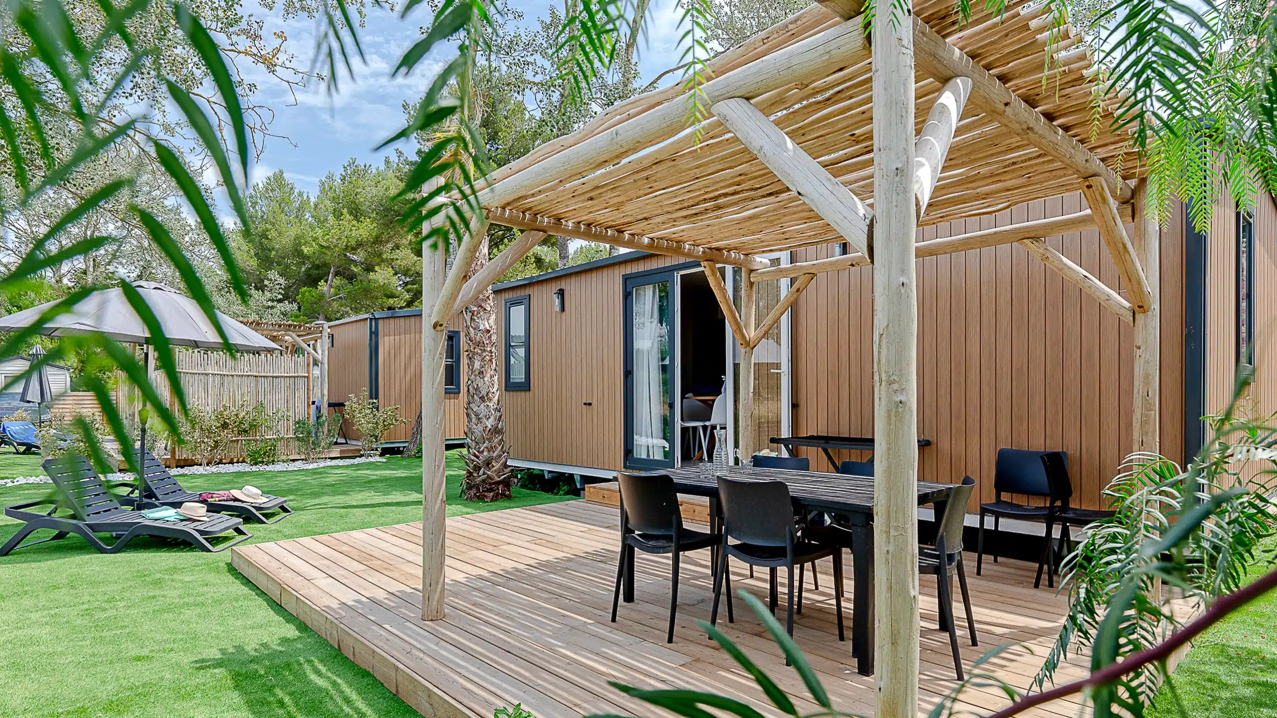 Camping avec tentes et arbres en forêt.