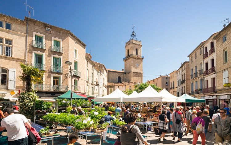 Marché animé dans une place française ensoleillée.