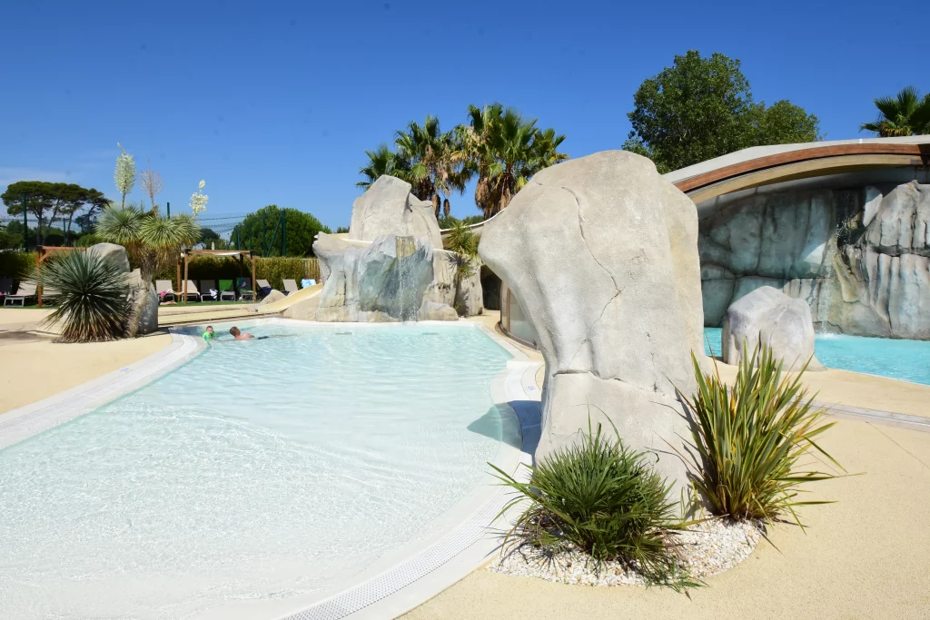 Piscine avec rochers et palmiers