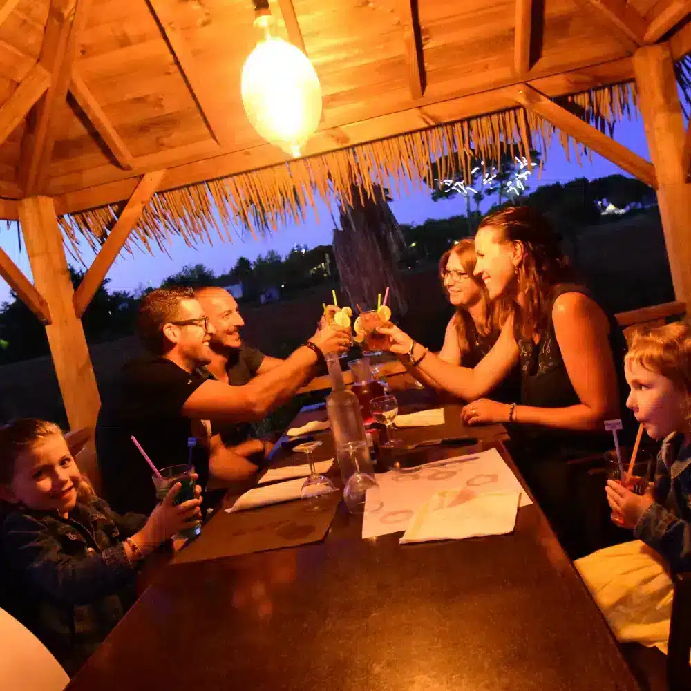 Groupe de personnes trinquant sous une pergola.