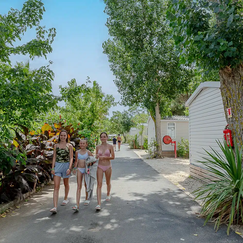 Trois personnes marchent sur l'allée du camping.
